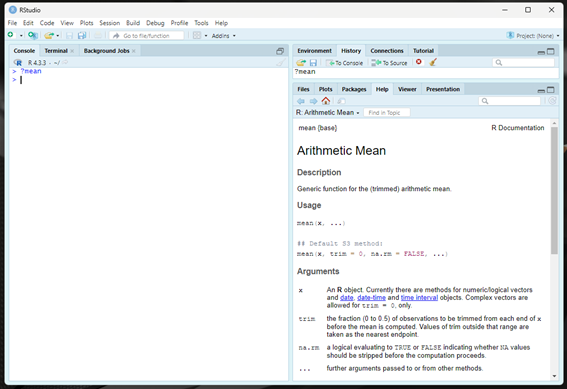 Screenshot of RStudio help pane showing the documentation for mean()